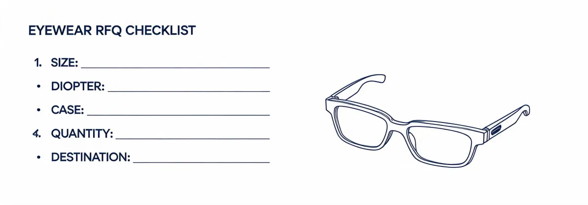 Specification checklist diagram for folding reading glasses, not a mapped office