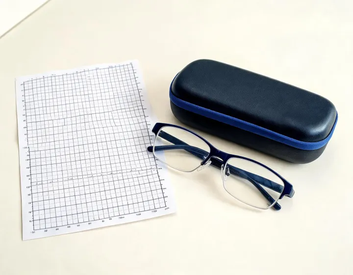 Folding reading glasses with case requirement sheet with size fields